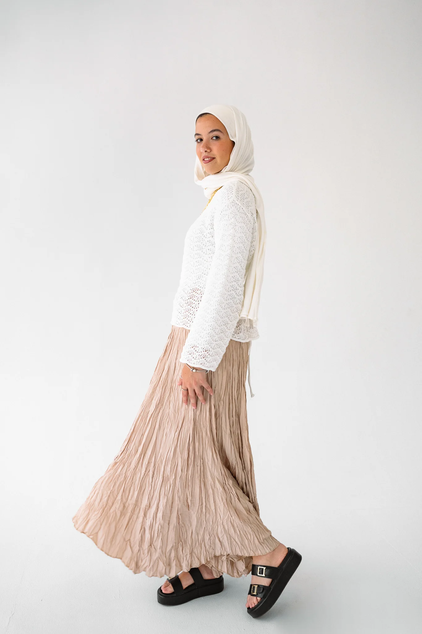 Dove Crushed Asymmetrical Skirt in Beige - Image 10