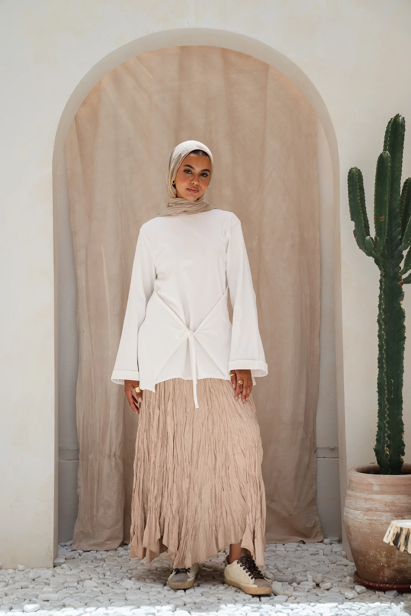 Dove Crushed Asymmetrical Skirt in Beige - Image 2