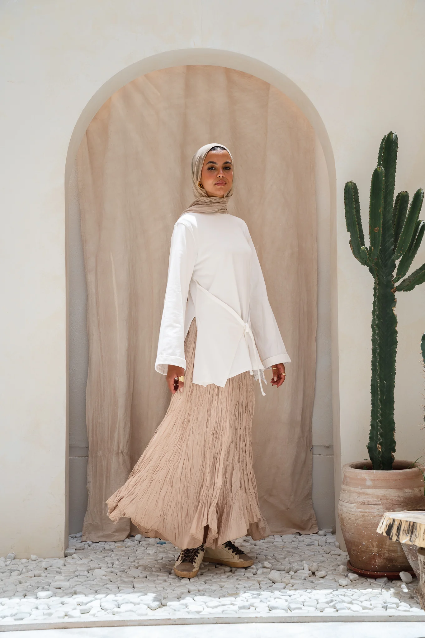 Dove Crushed Asymmetrical Skirt in Beige - Image 3