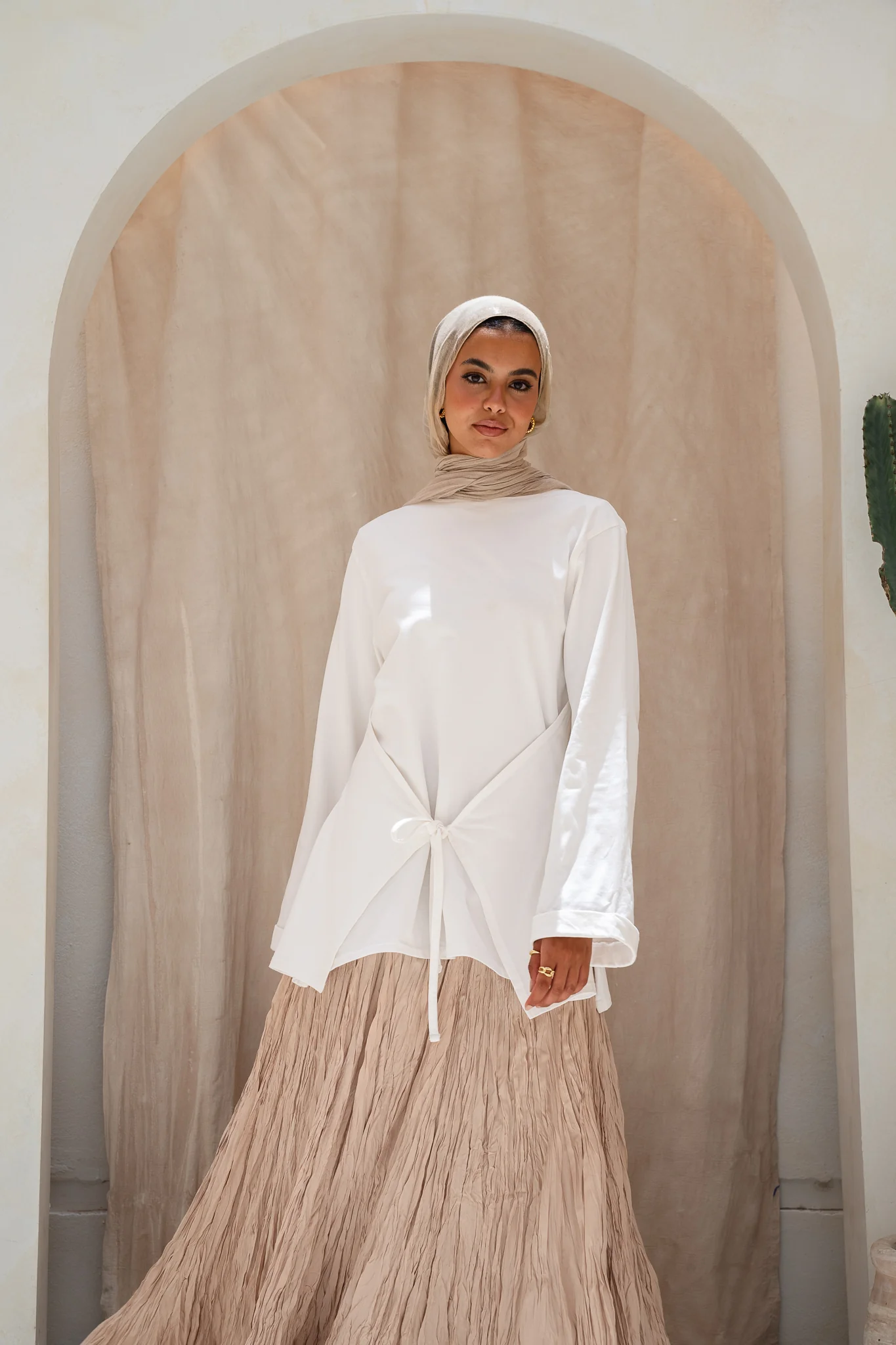 Dove Crushed Asymmetrical Skirt in Beige - Image 4