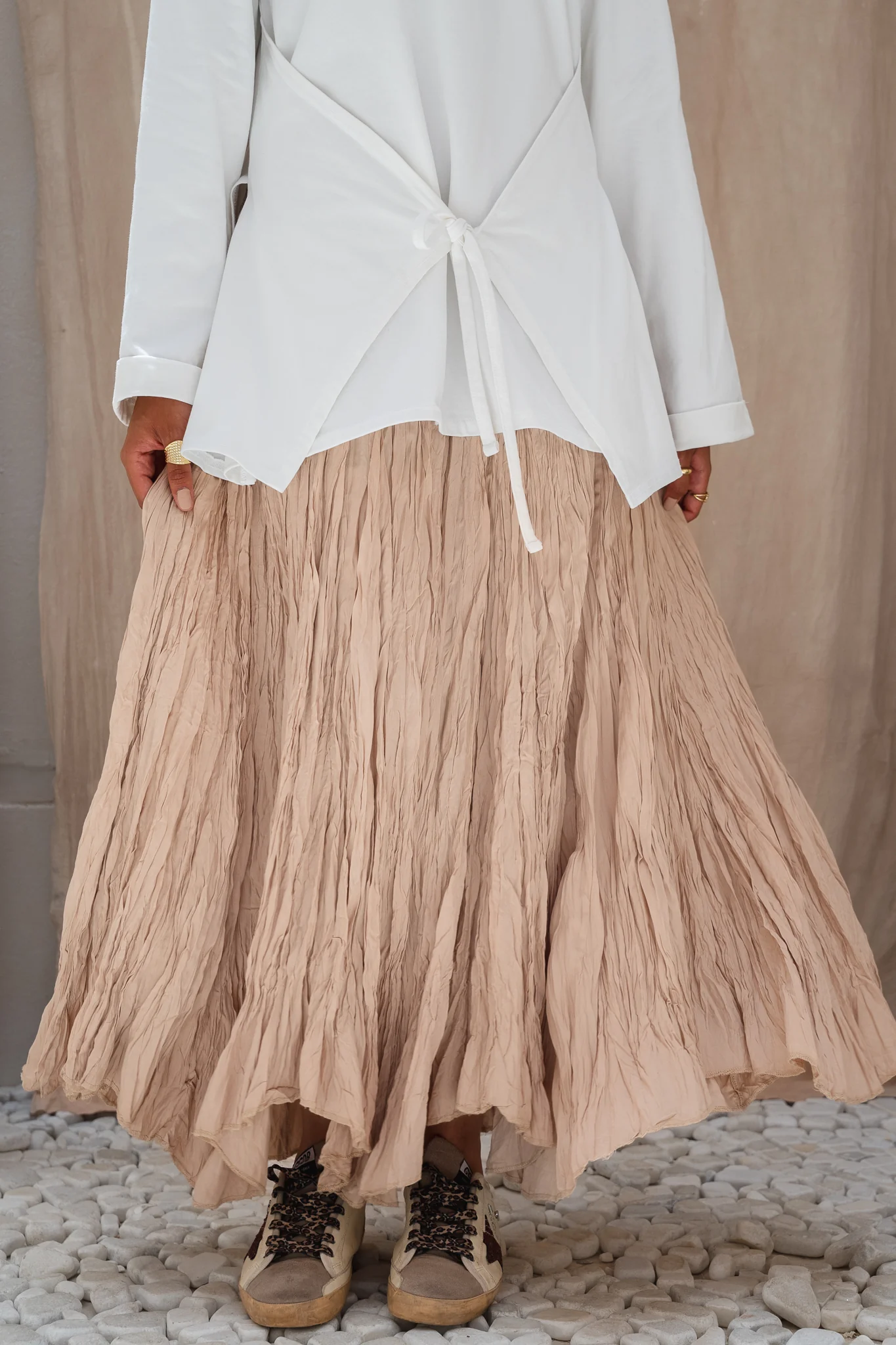 Dove Crushed Asymmetrical Skirt in Beige - Image 5