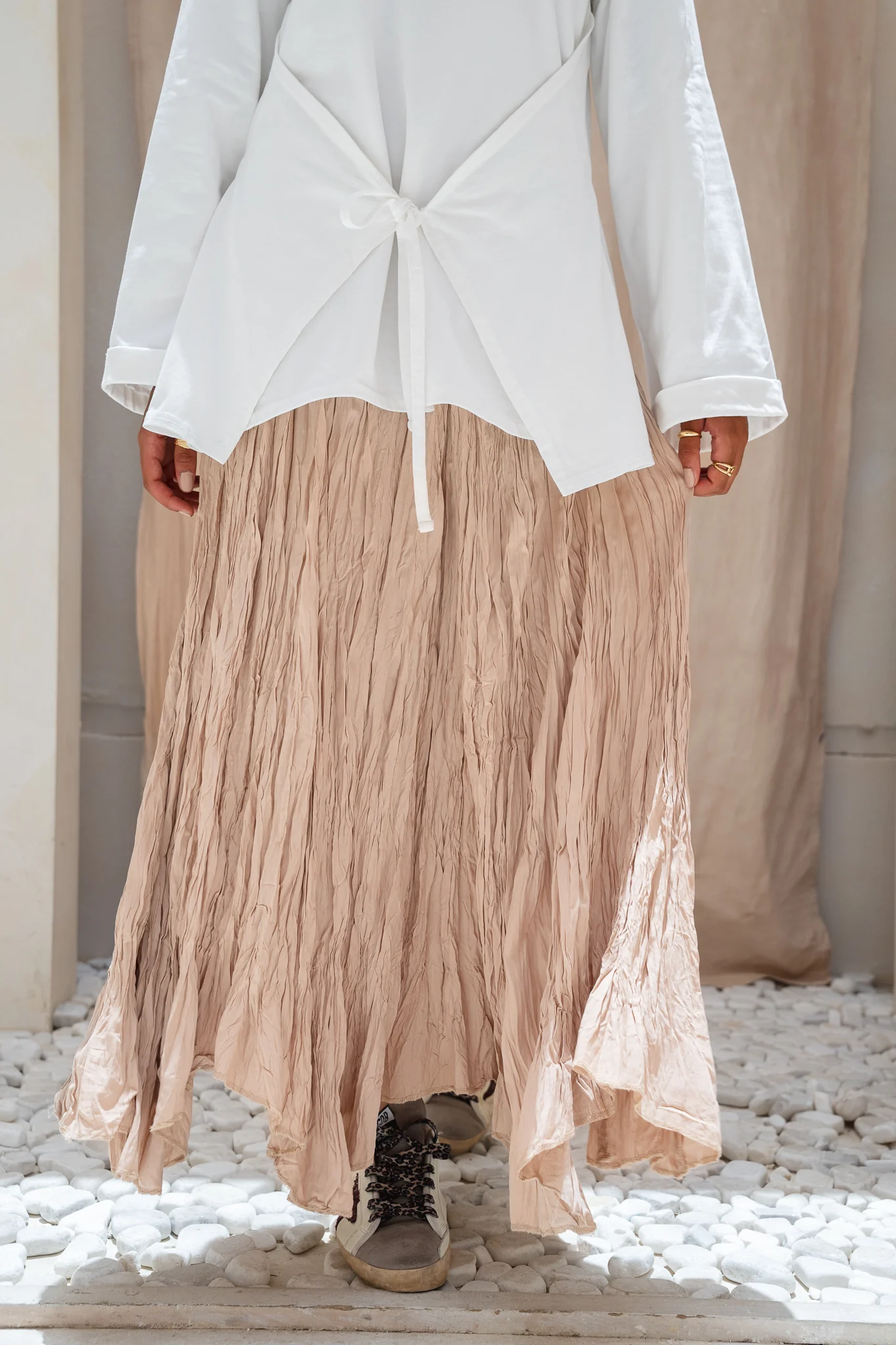 Dove Crushed Asymmetrical Skirt in Beige - Image 6