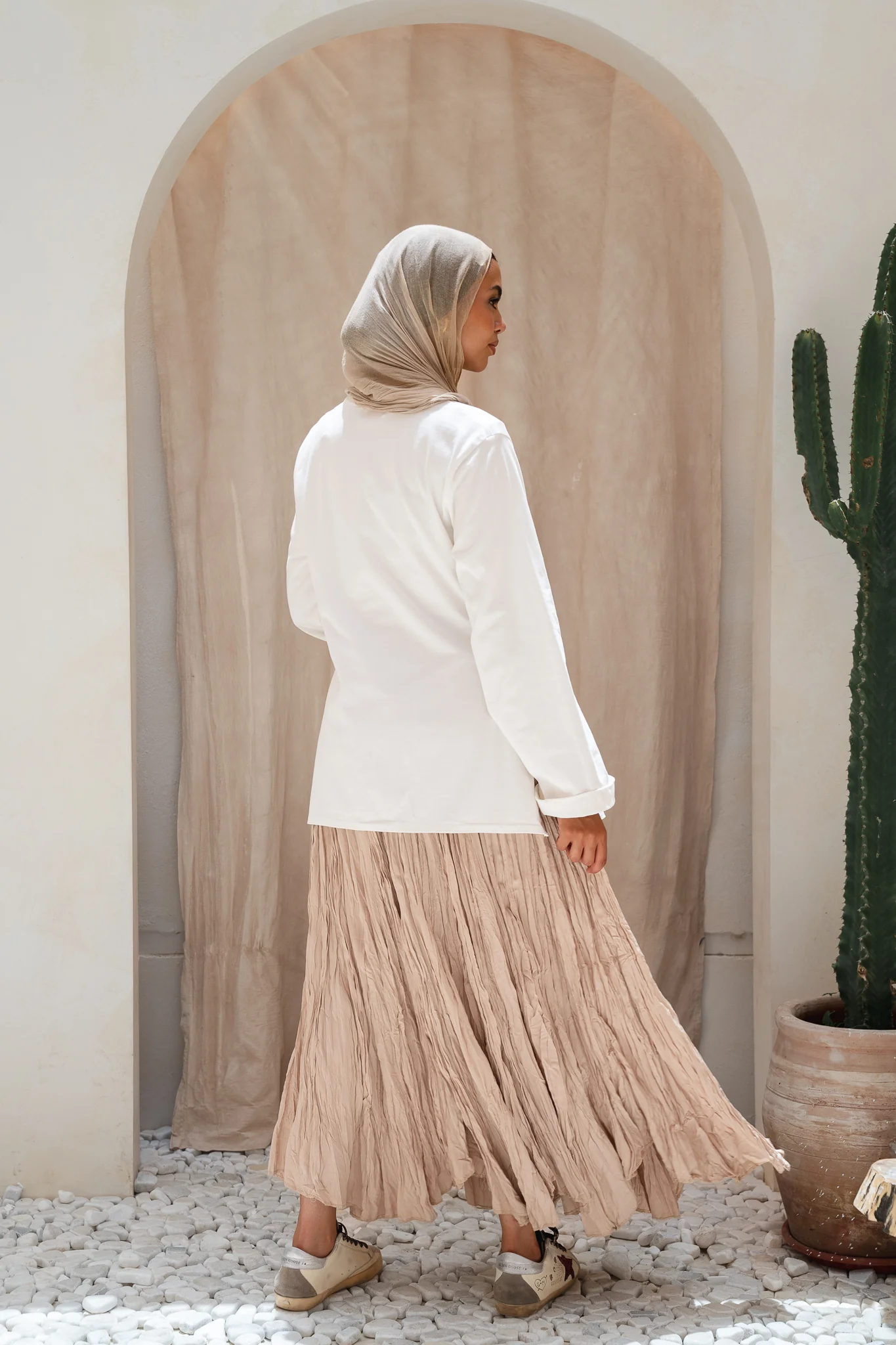 Dove Crushed Asymmetrical Skirt in Beige - Image 7