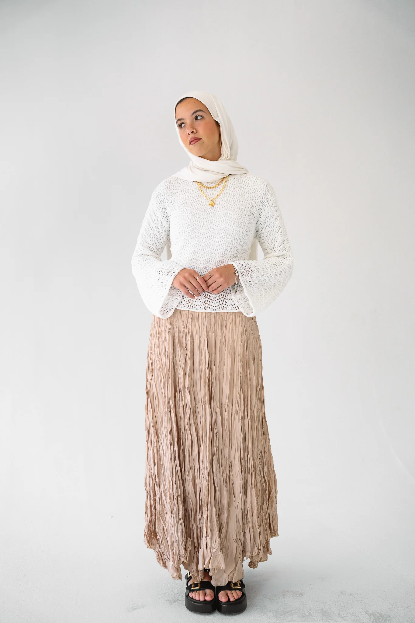 Dove Crushed Asymmetrical Skirt in Beige - Image 9