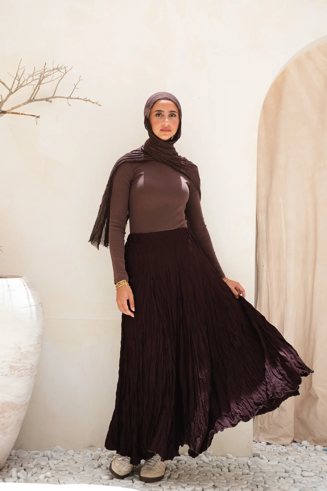 Dove Crushed Asymmetrical Skirt in Brown - Image 2