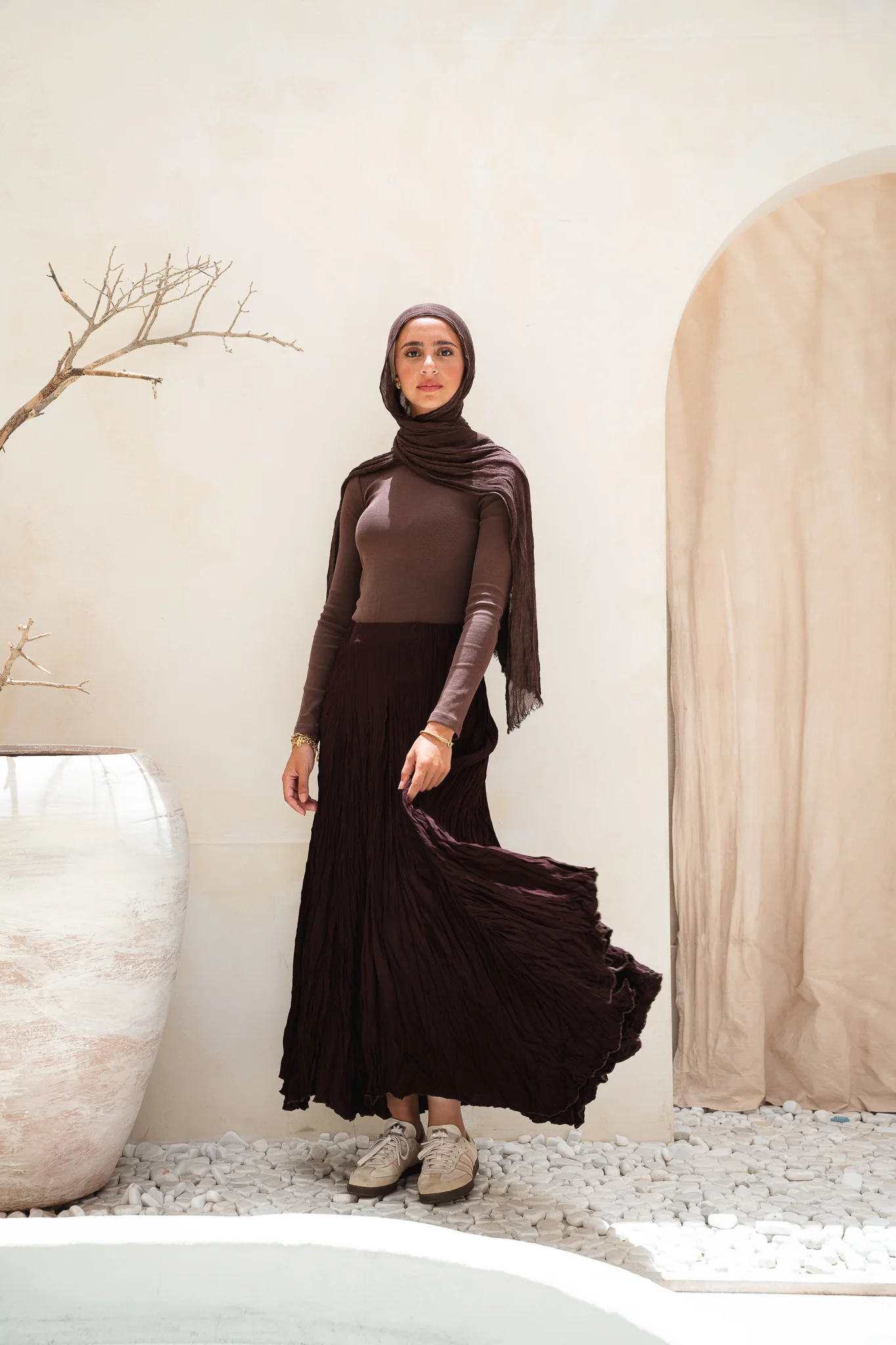 Dove Crushed Asymmetrical Skirt in Brown - Image 3