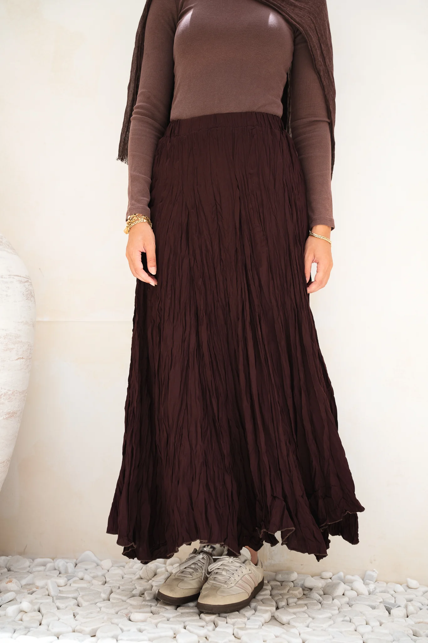 Dove Crushed Asymmetrical Skirt in Brown - Image 8
