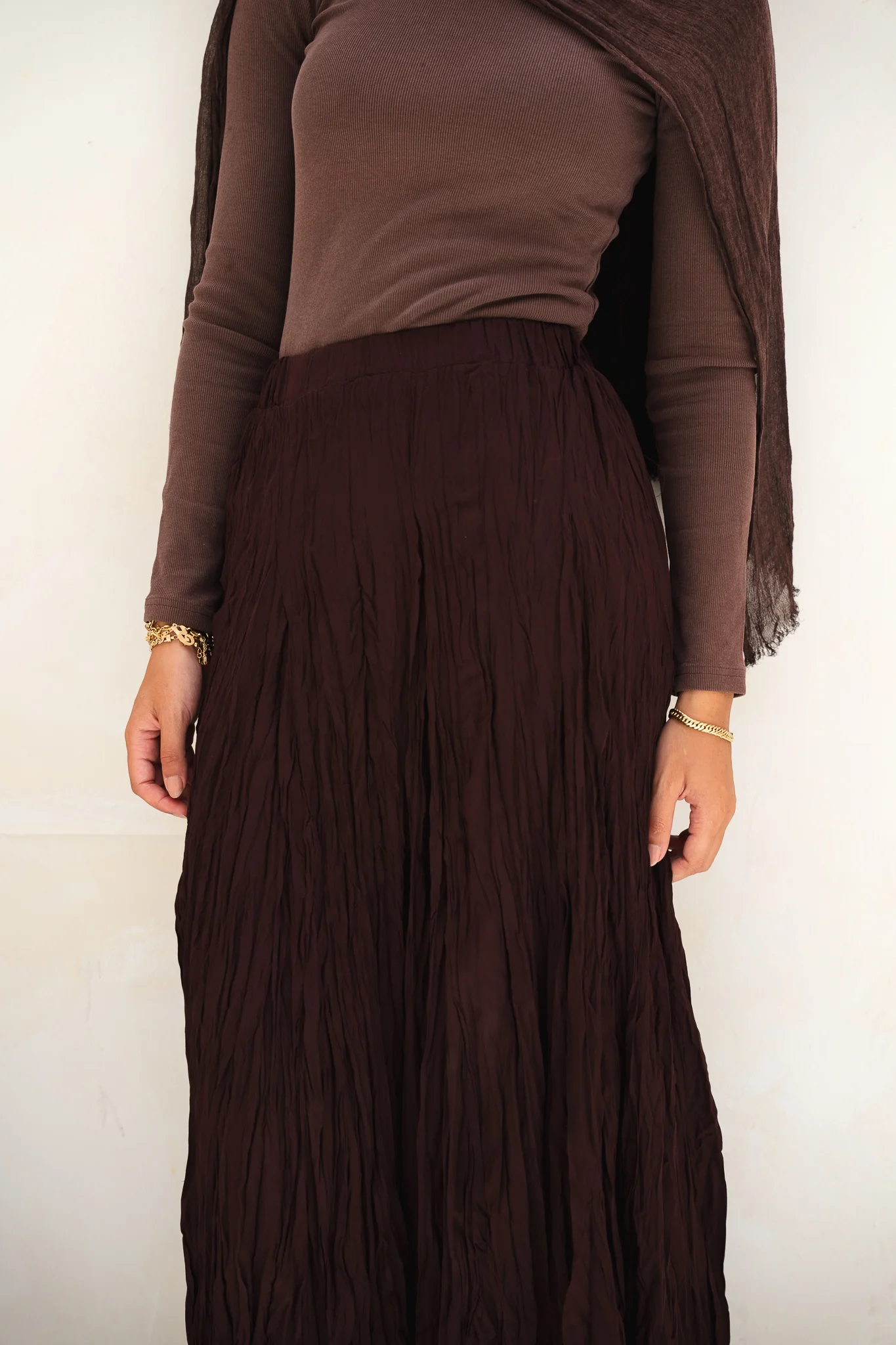 Dove Crushed Asymmetrical Skirt in Brown - Image 9