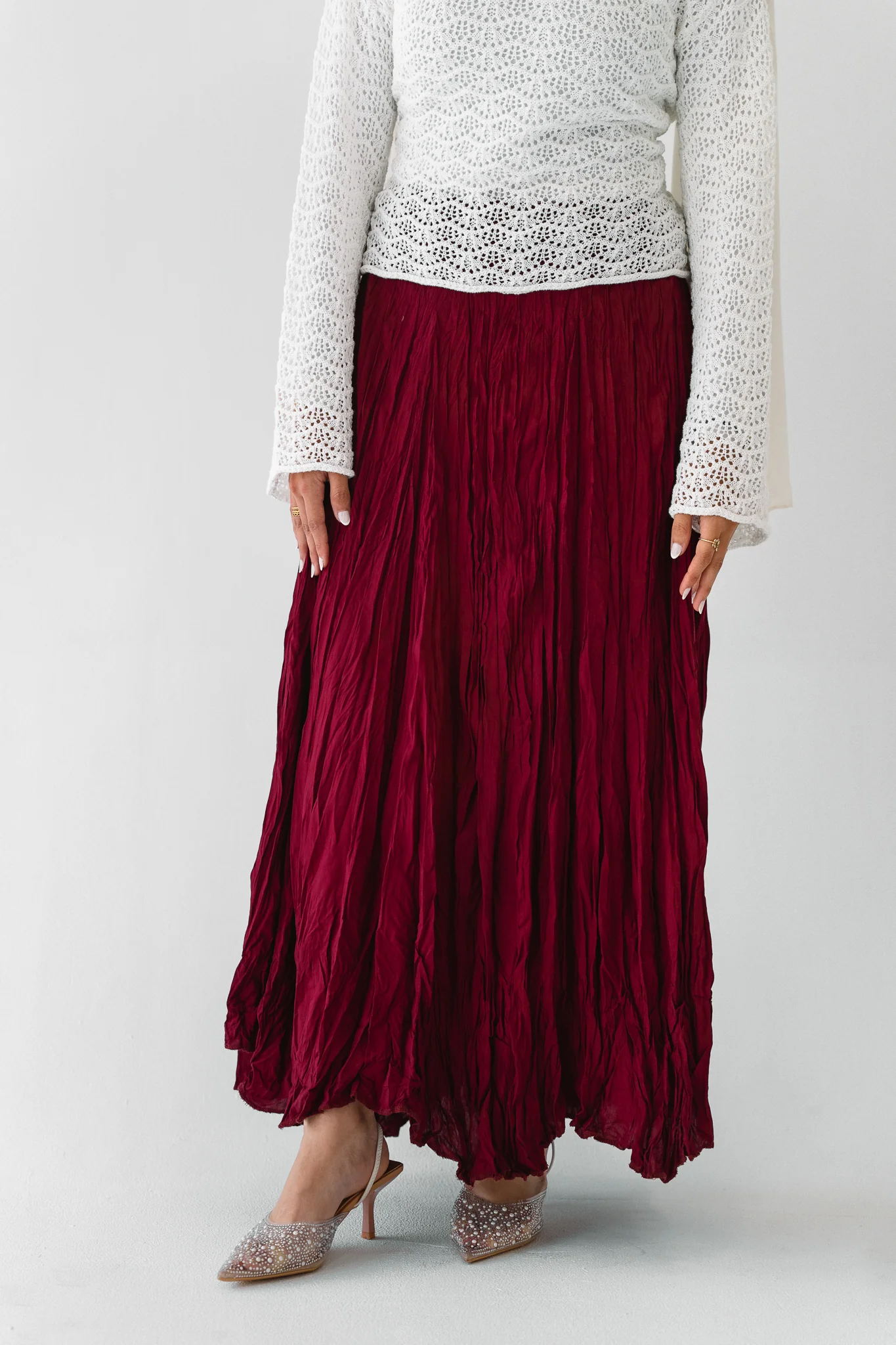 Dove Crushed Asymmetrical Skirt in Maroon - Image 5